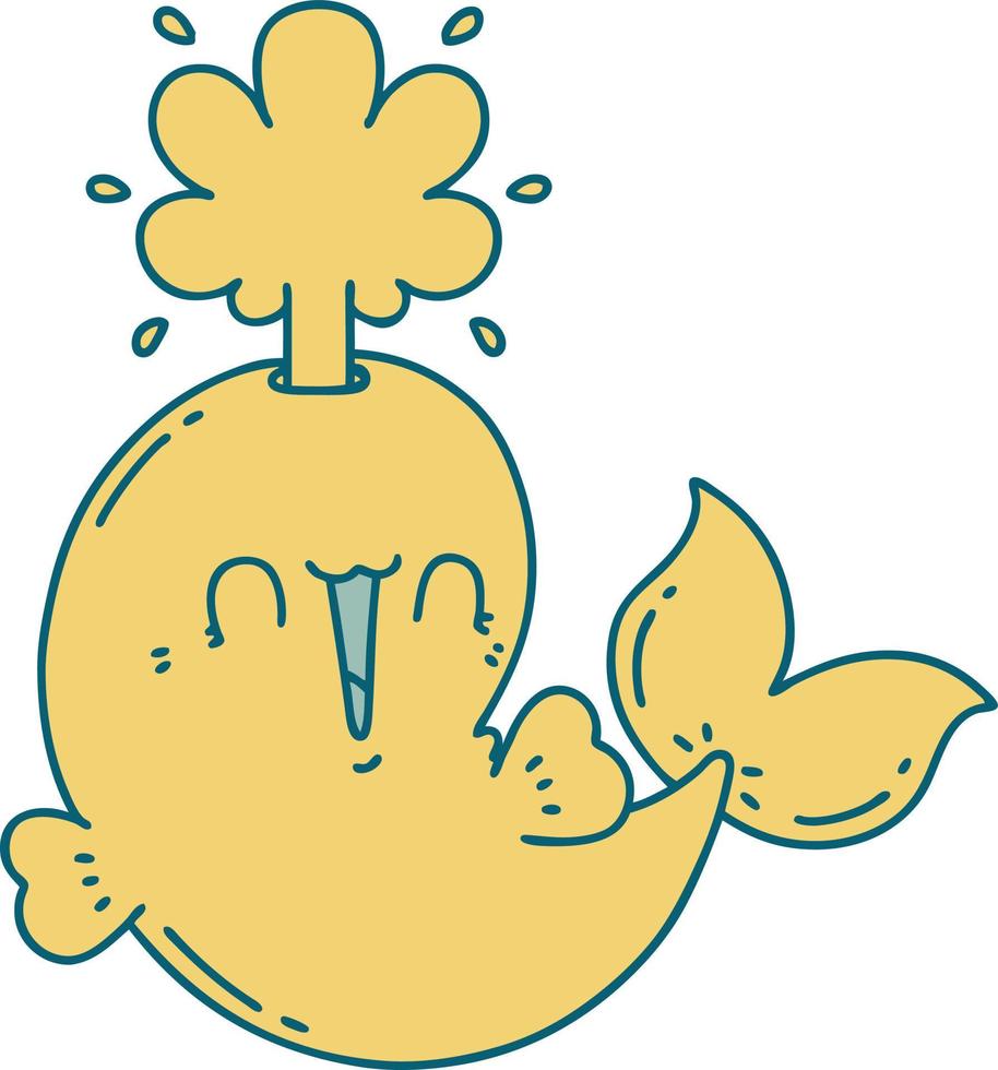 traditional tattoo style happy squirting whale character vector