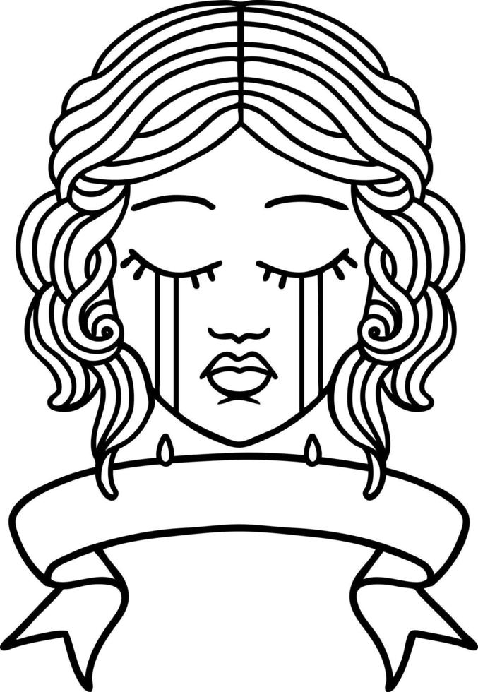 black linework tattoo with banner of female face crying vector