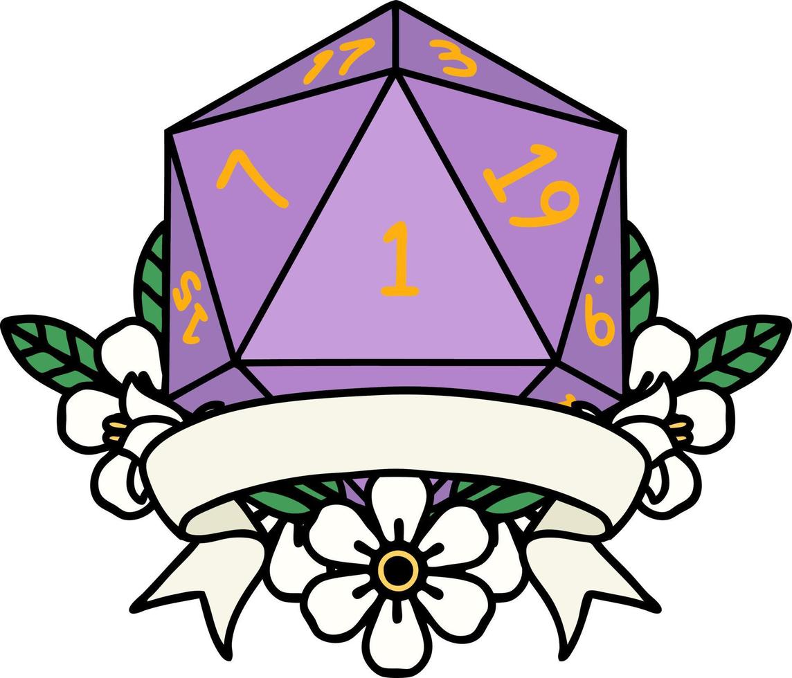 natural one d20 dice roll illustration vector