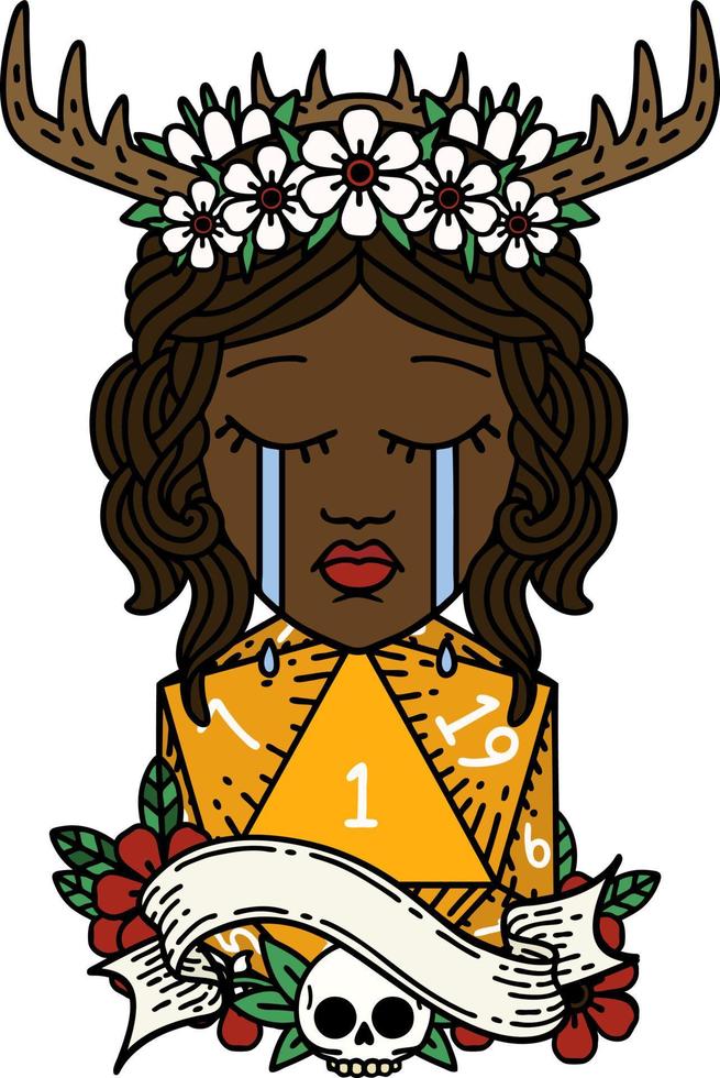 crying human druid with natural one d20 roll illustration vector