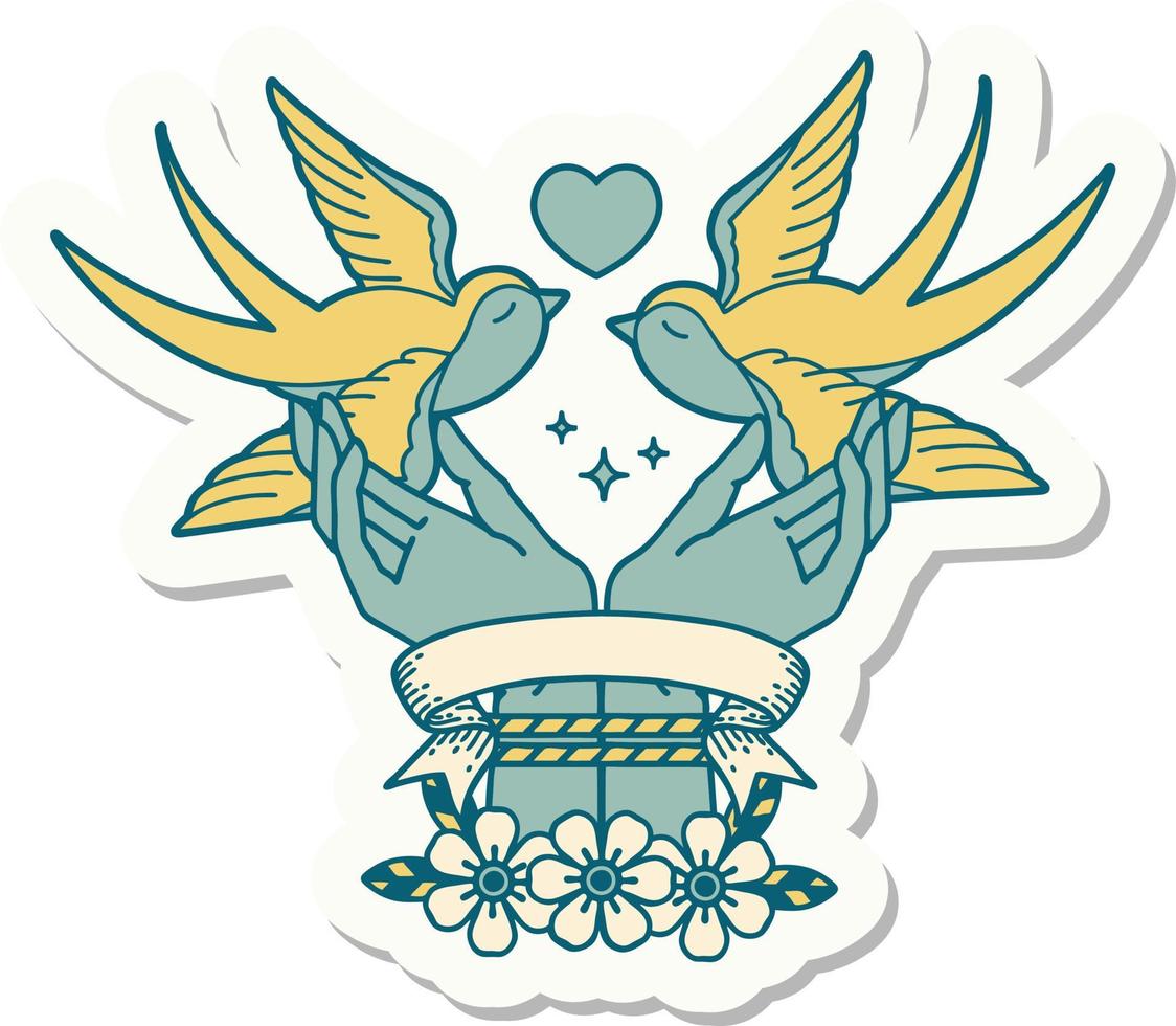 tattoo sticker with banner of a tied hands and swallows vector