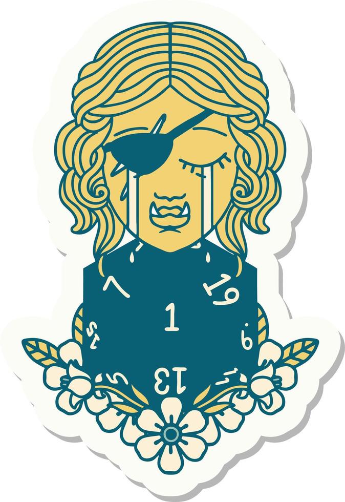 crying half orc rogue character with natural one D20 roll sticker vector