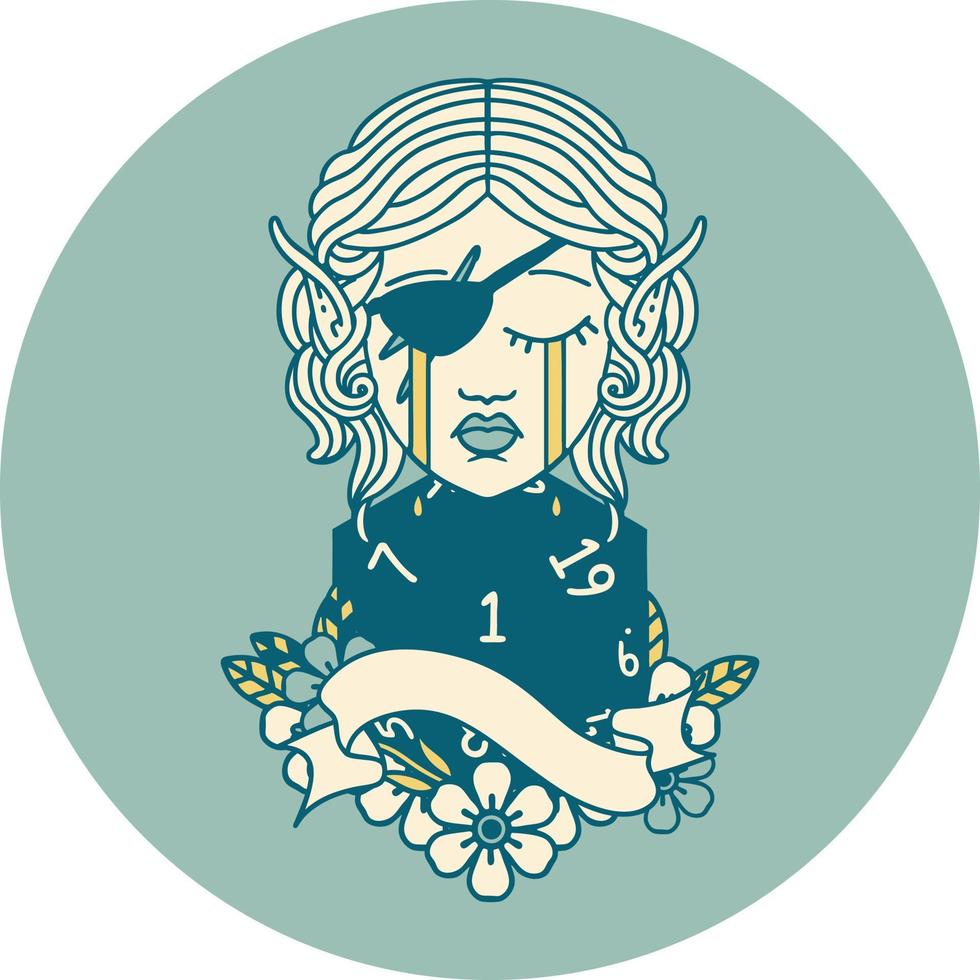 crying elf rogue character face with natural one D20 roll illustration vector