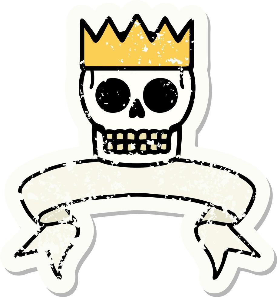 grunge sticker with banner of a skull and crown vector
