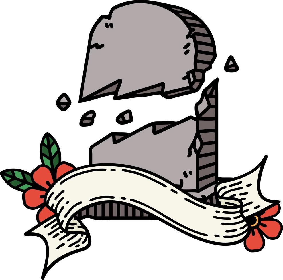 tattoo with banner of a broken grave stone vector