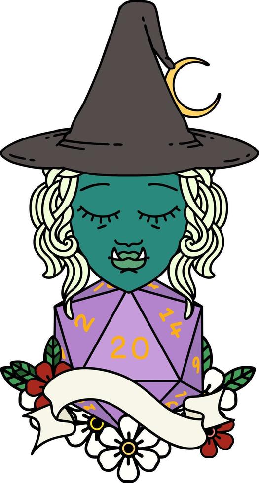 half orc witch character with natural twenty dice roll illustration vector