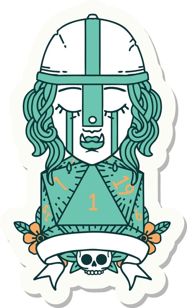 crying orc fighter character with natural one D20 roll sticker vector
