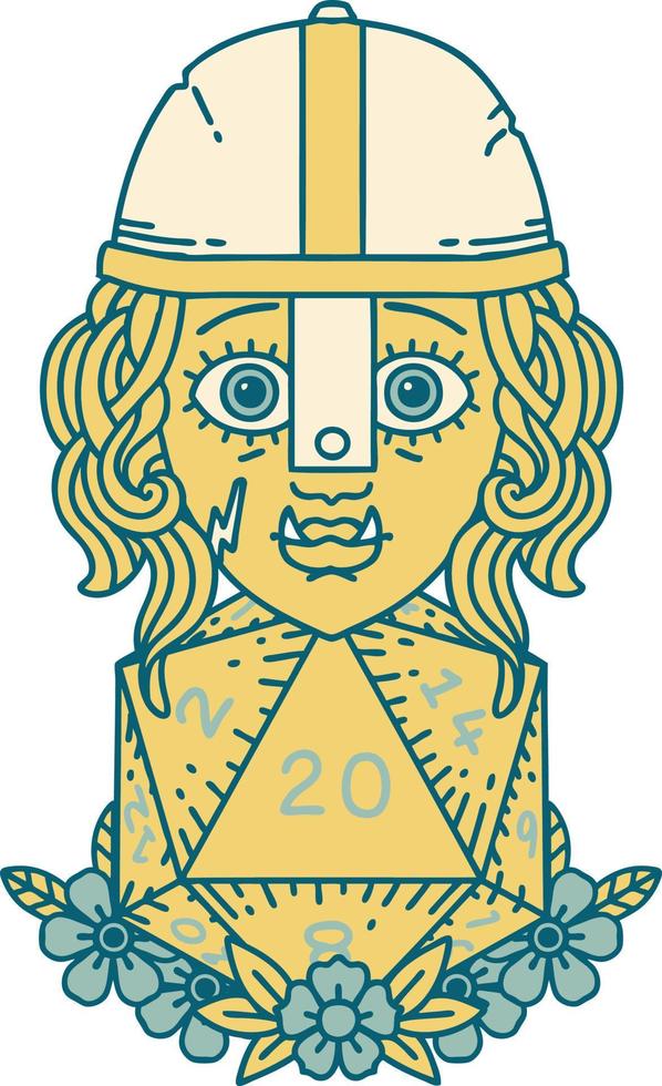half orc fighter character with natural twenty dice roll illustration vector