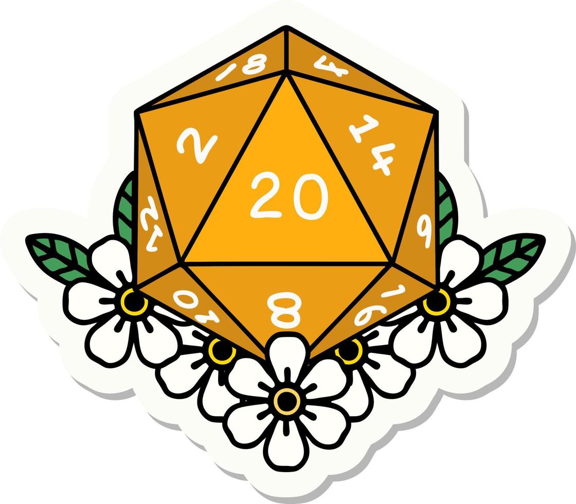 natural 20 D20 dice roll with floral elements sticker vector