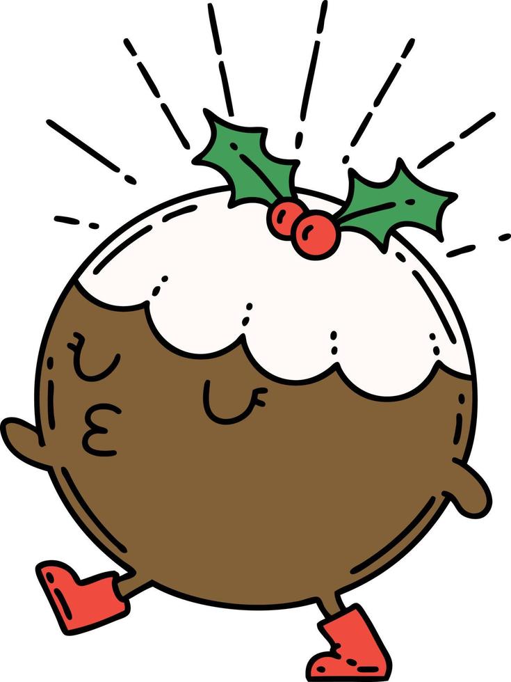 traditional tattoo style christmas pudding character walking vector