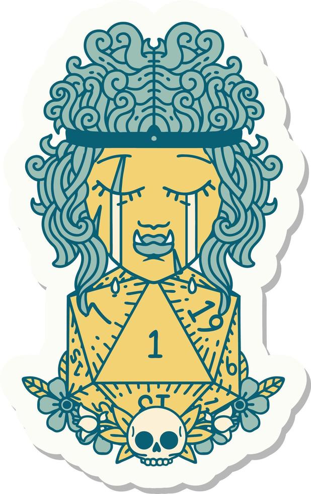 sad orc barbarian character face with natural one d20 roll sticker vector