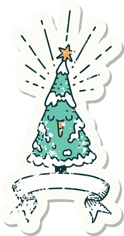 grunge sticker of tattoo style happy christmas tree vector