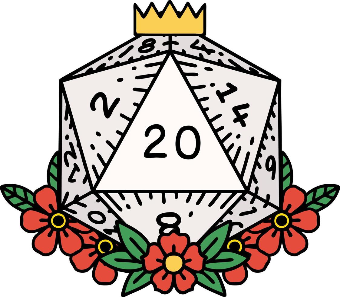 natural 20 D20 dice roll with floral elements illustration vector