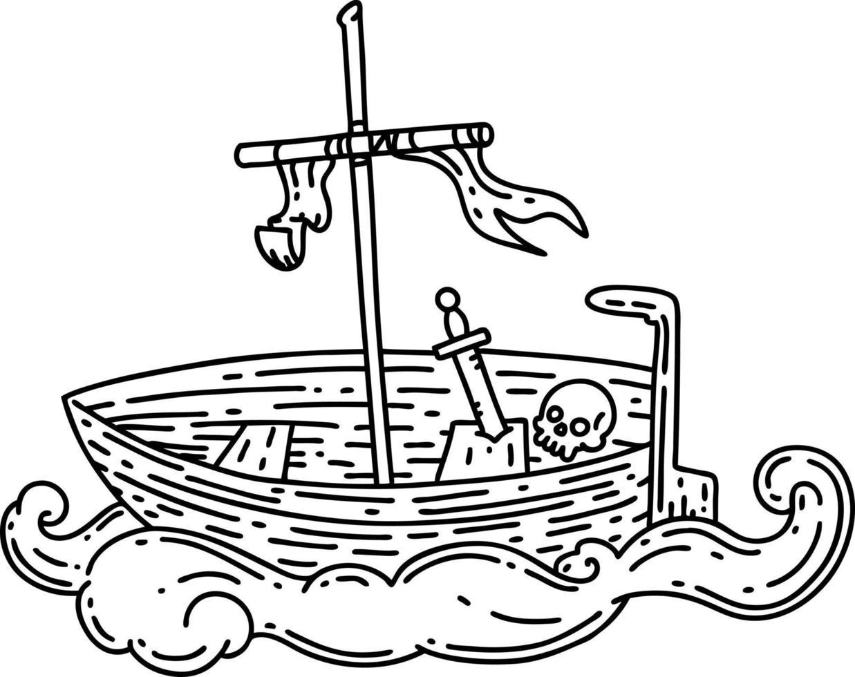 traditional black line work tattoo style empty boat with skull vector