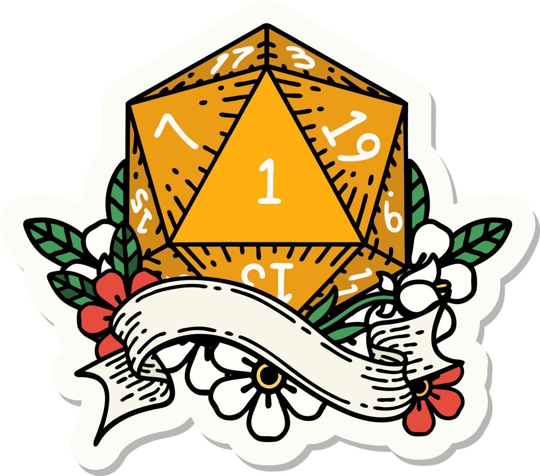 natural one d20 dice roll sticker vector