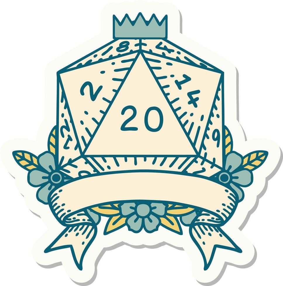 natural 20 critical hit D20 dice roll sticker vector