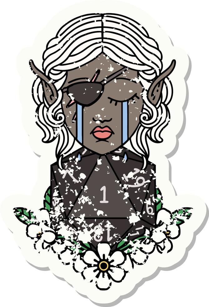crying elf rogue character face with natural one D20 roll illustration vector