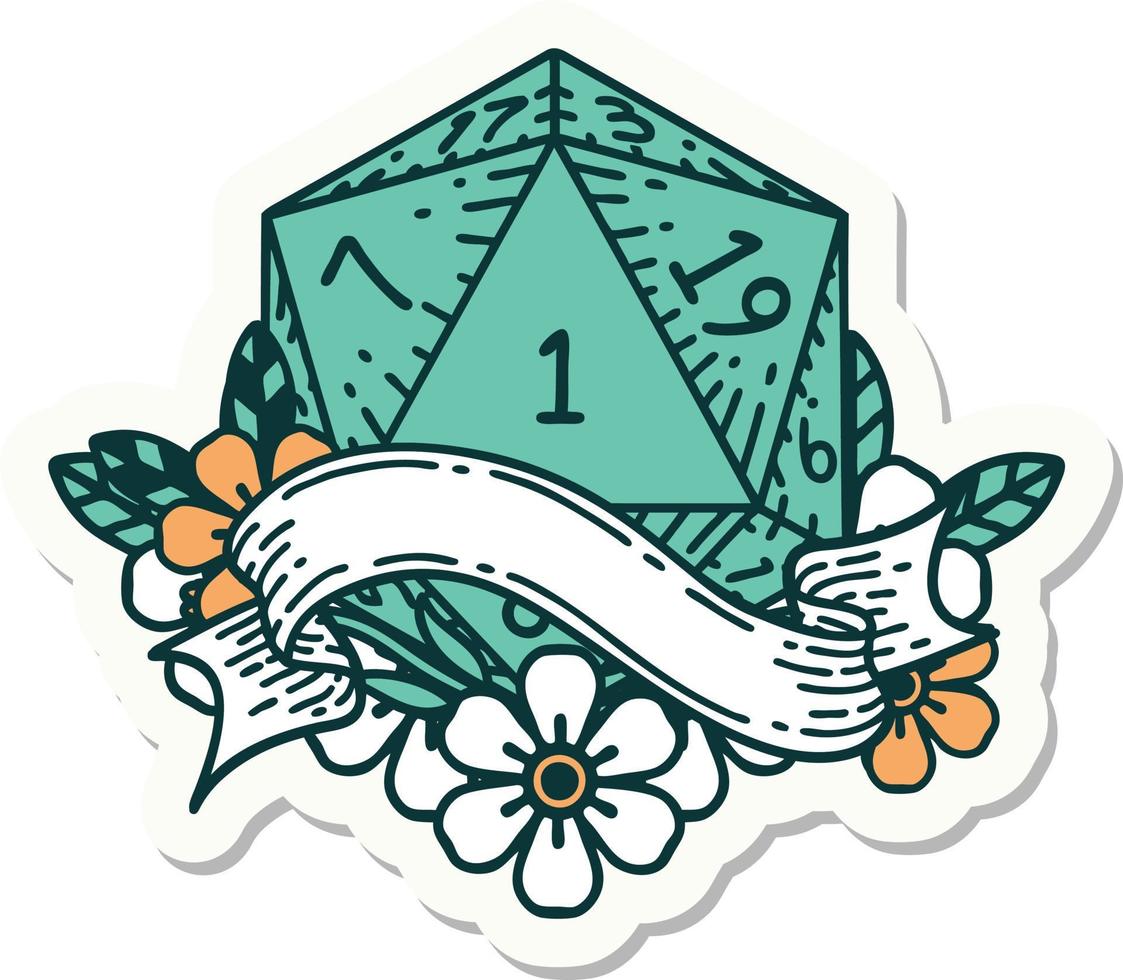 natural one d20 dice roll sticker vector