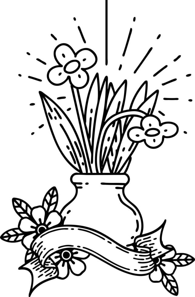 banner with black line work tattoo style flowers in vase vector