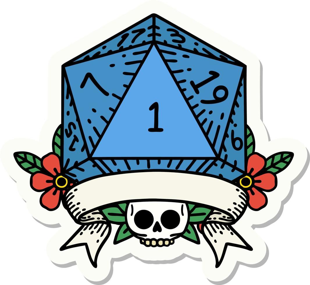 natural one d20 dice roll sticker vector