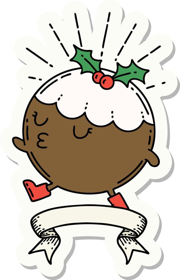 sticker of tattoo style christmas pudding character walking vector