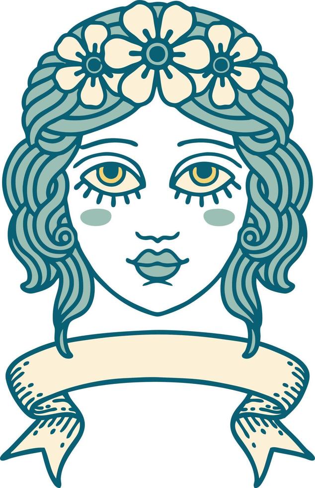 tattoo with banner of female face with crown of flowers vector