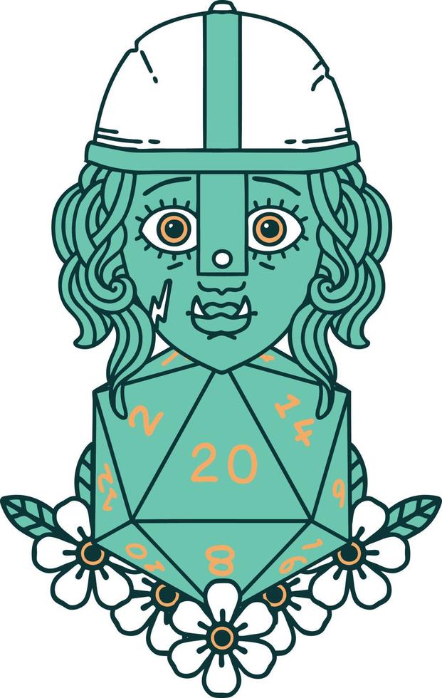 half orc fighter character with natural twenty dice roll illustration vector