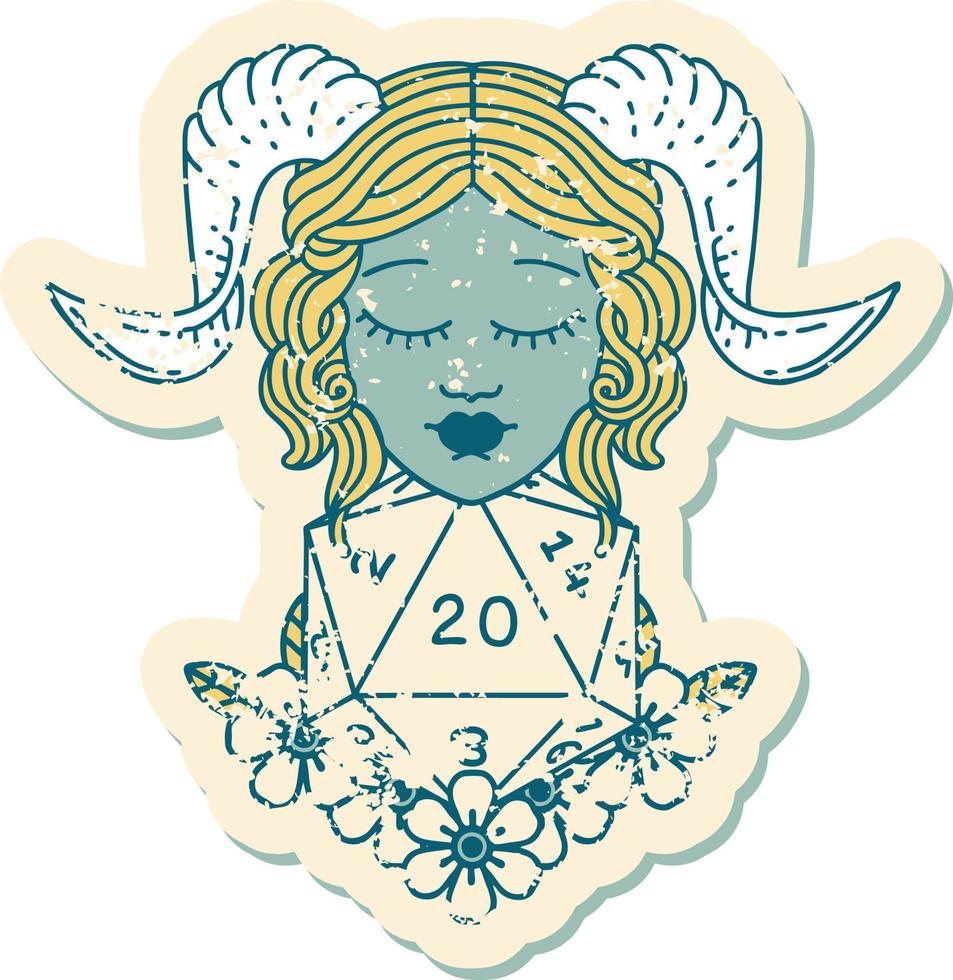 tiefling with natural twenty dice roll grunge sticker vector