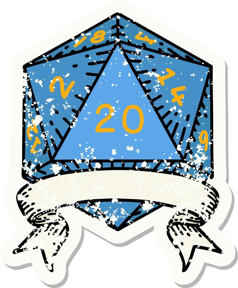 natural 20 critical hit D20 dice roll grunge sticker vector