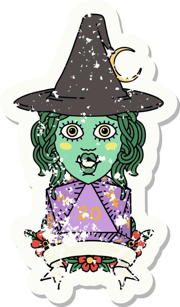 half orc witch character with natural 20 dice roll illustration vector