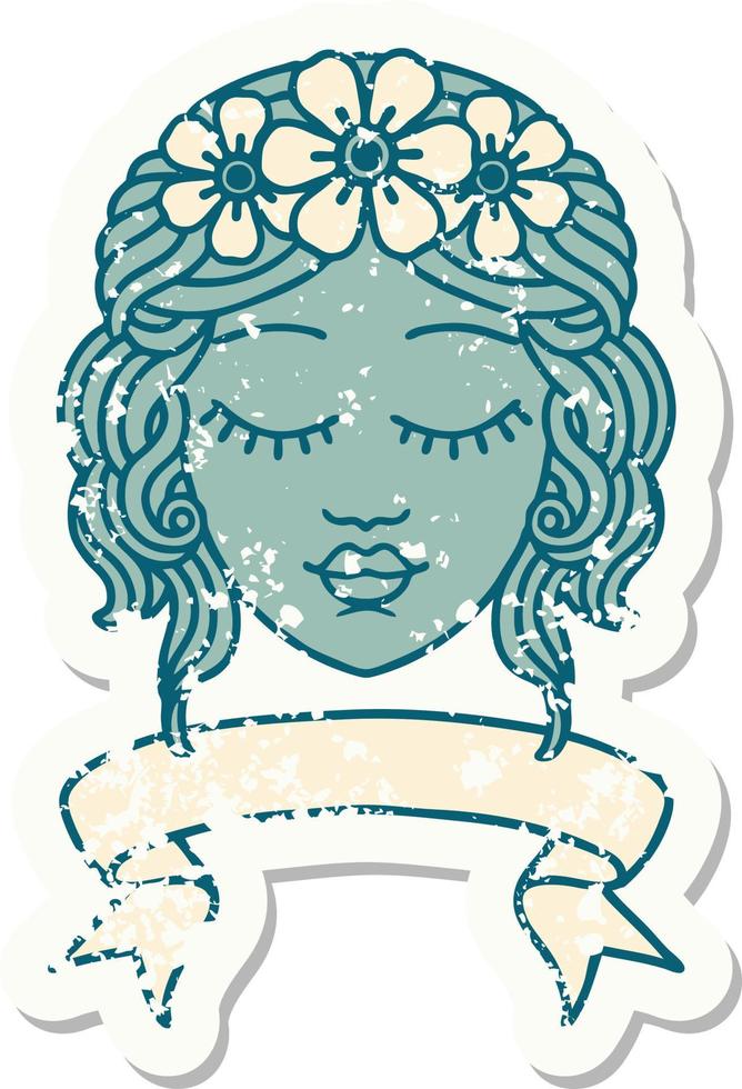 grunge sticker with banner of female face with eyes closed vector