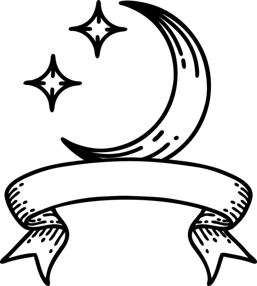 black linework tattoo with banner of a moon and stars vector