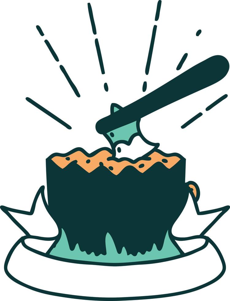 banner with tattoo style axe in tree stump vector