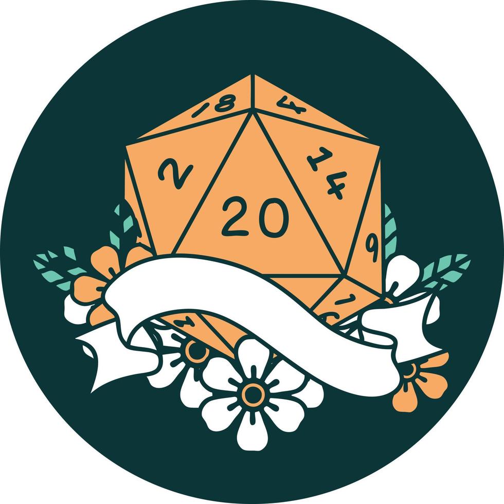 natural twenty D20 dice roll icon vector