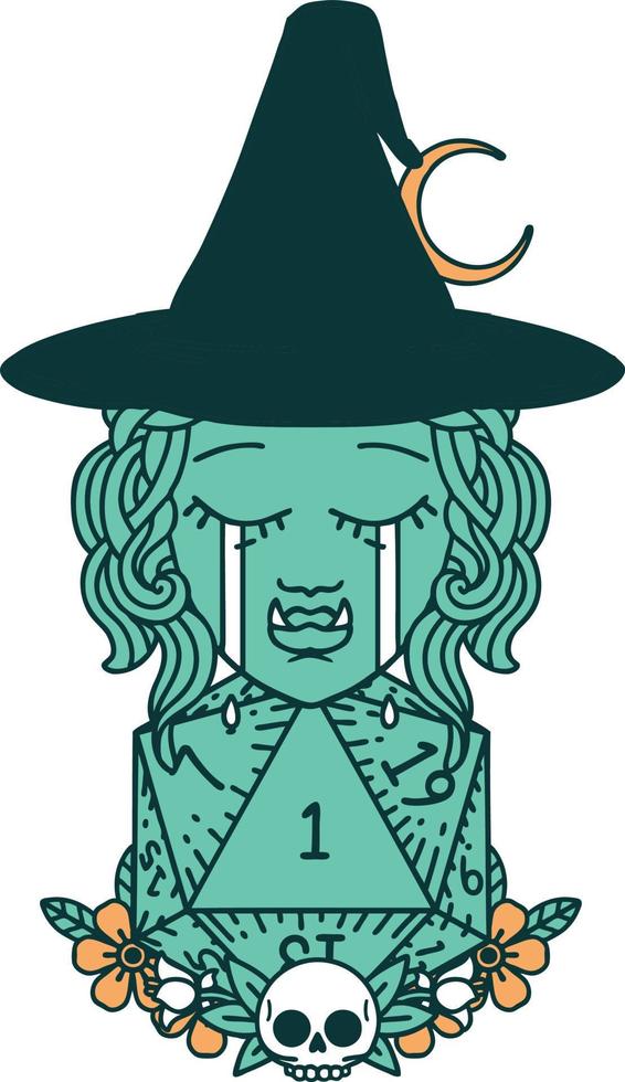 sad half orc witch character with natural one D20 roll illustration vector