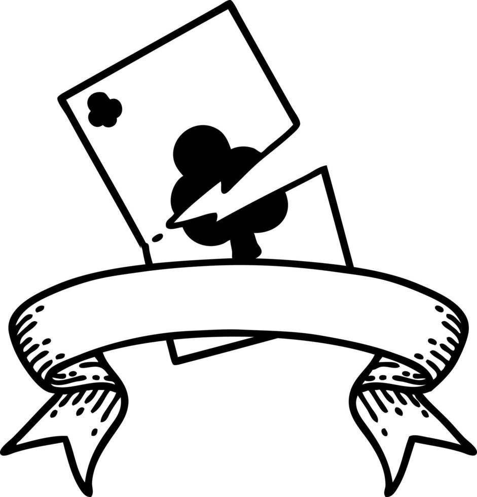 black linework tattoo with banner of a torn card vector