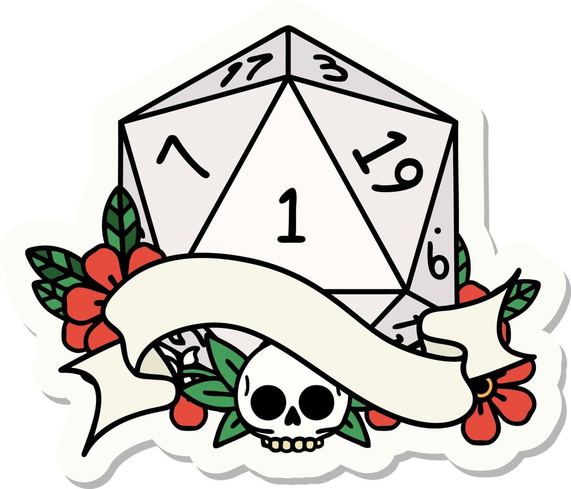 natural one d20 dice roll sticker vector