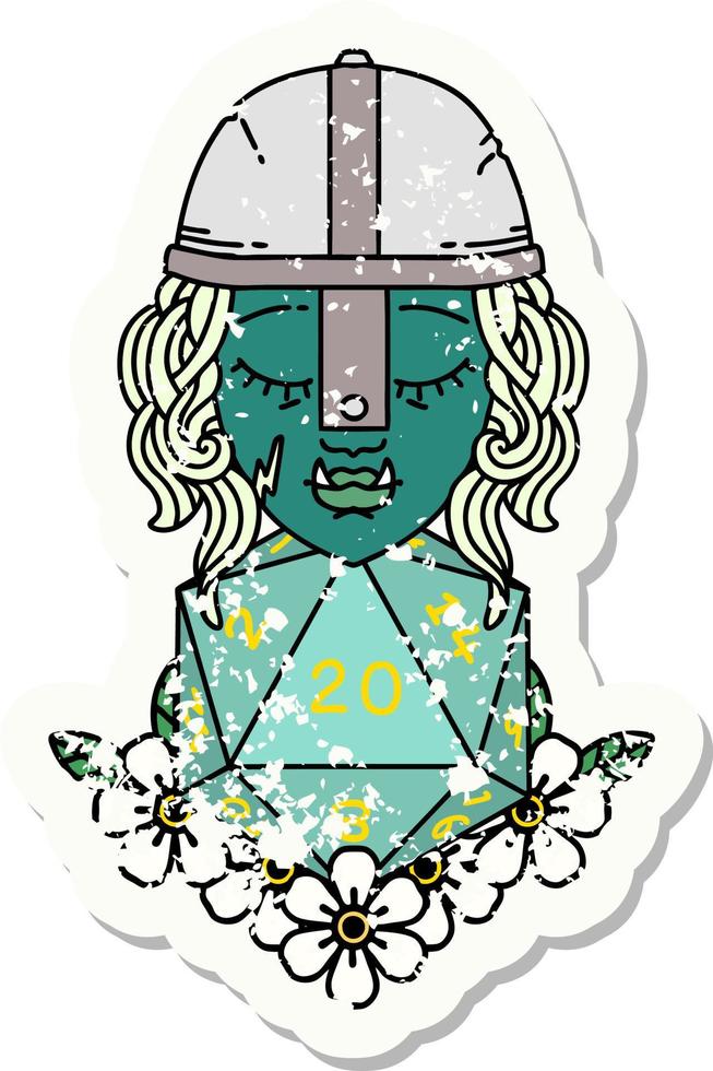 half orc fighter character with natural twenty dice roll illustration vector