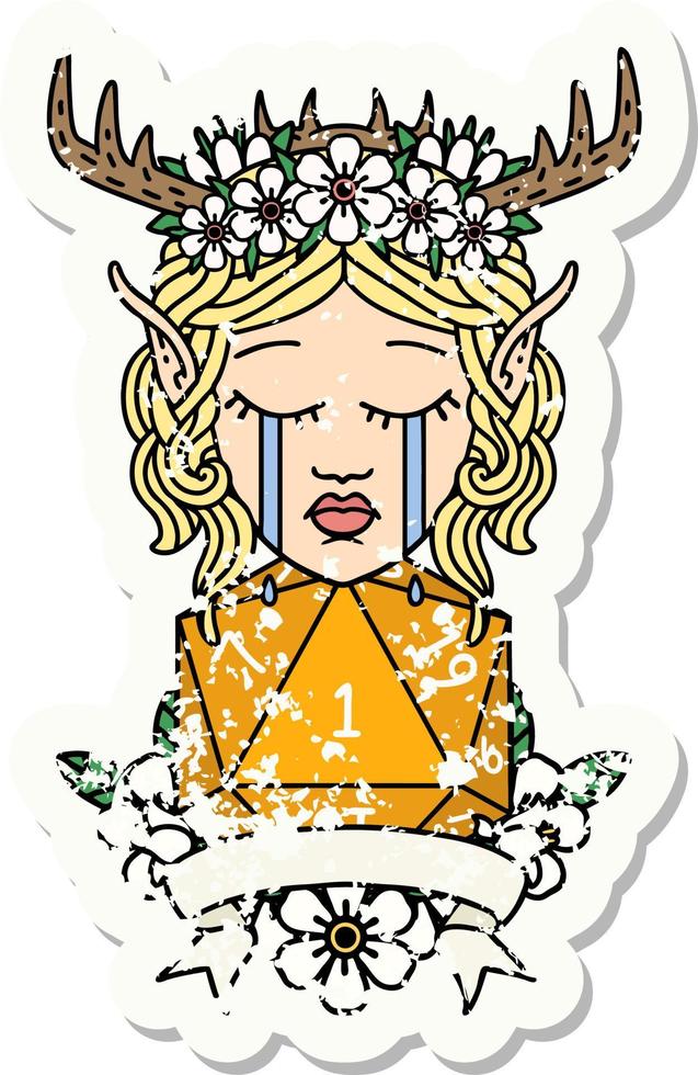 sad elf druid character face with natural one D20 roll illustration vector