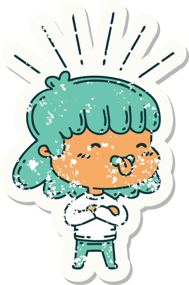 grunge sticker of tattoo style girl sticking out tongue vector