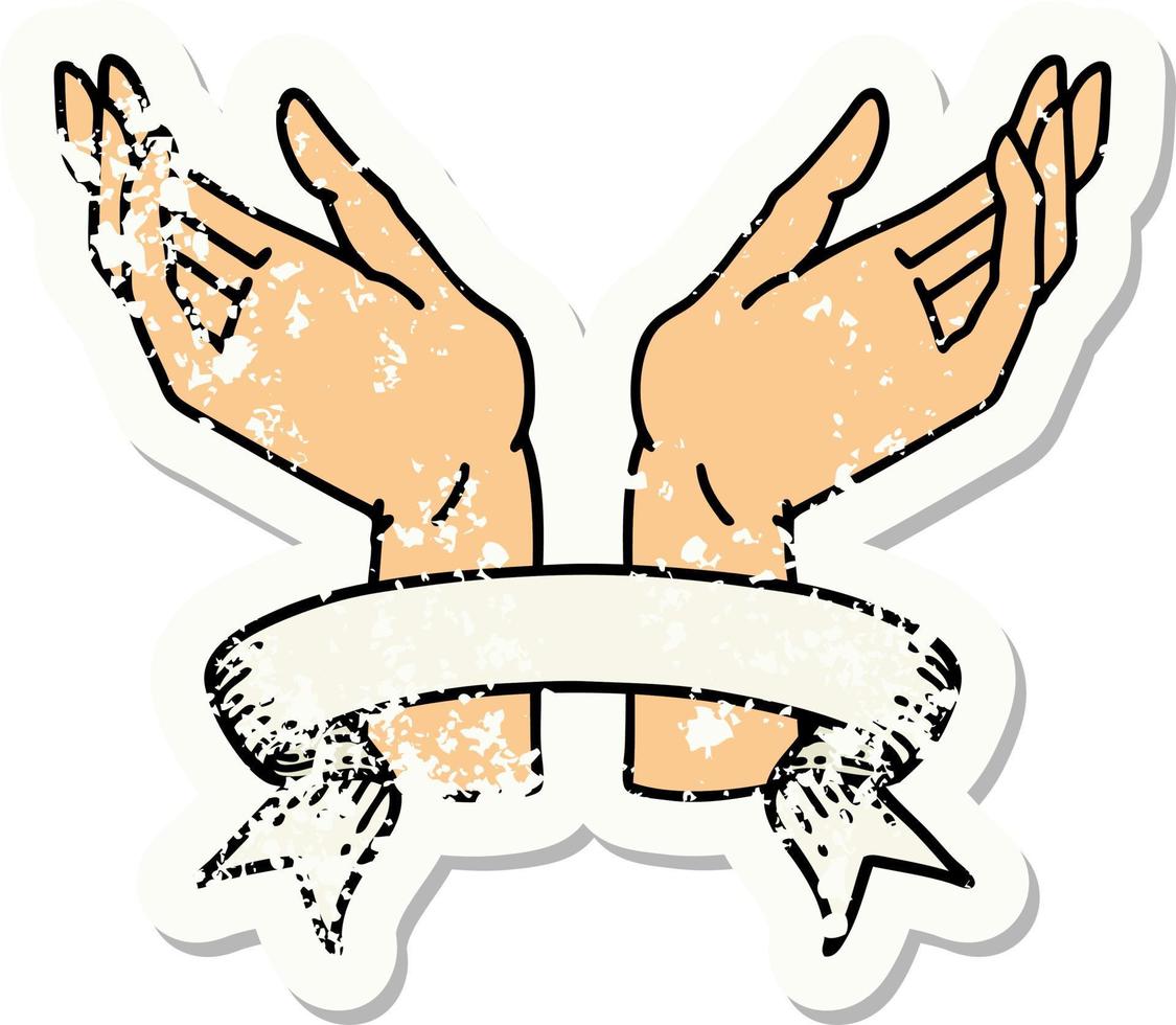 grunge sticker with banner of open hands vector