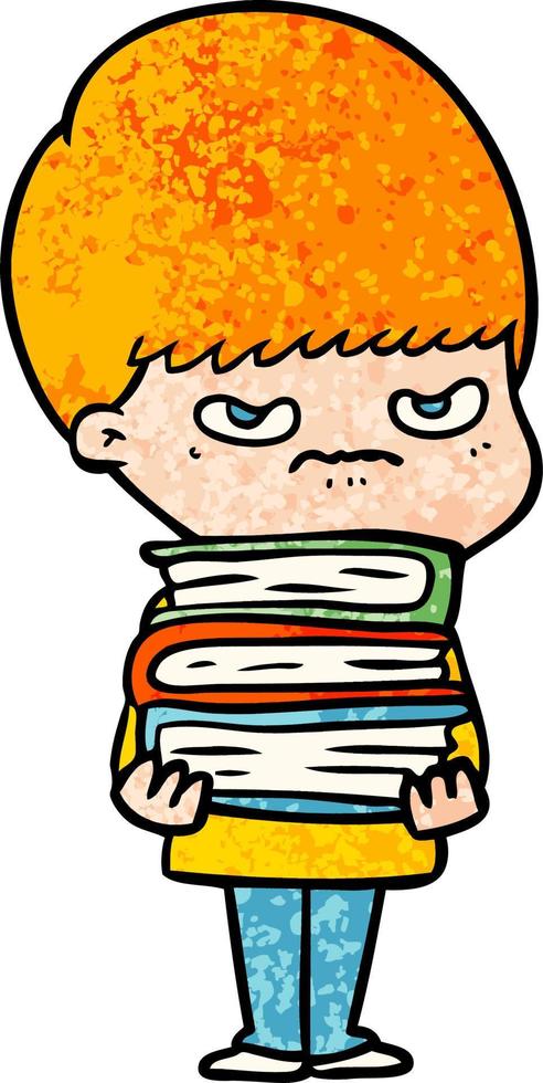enojado, caricatura, niño, con, libros vector