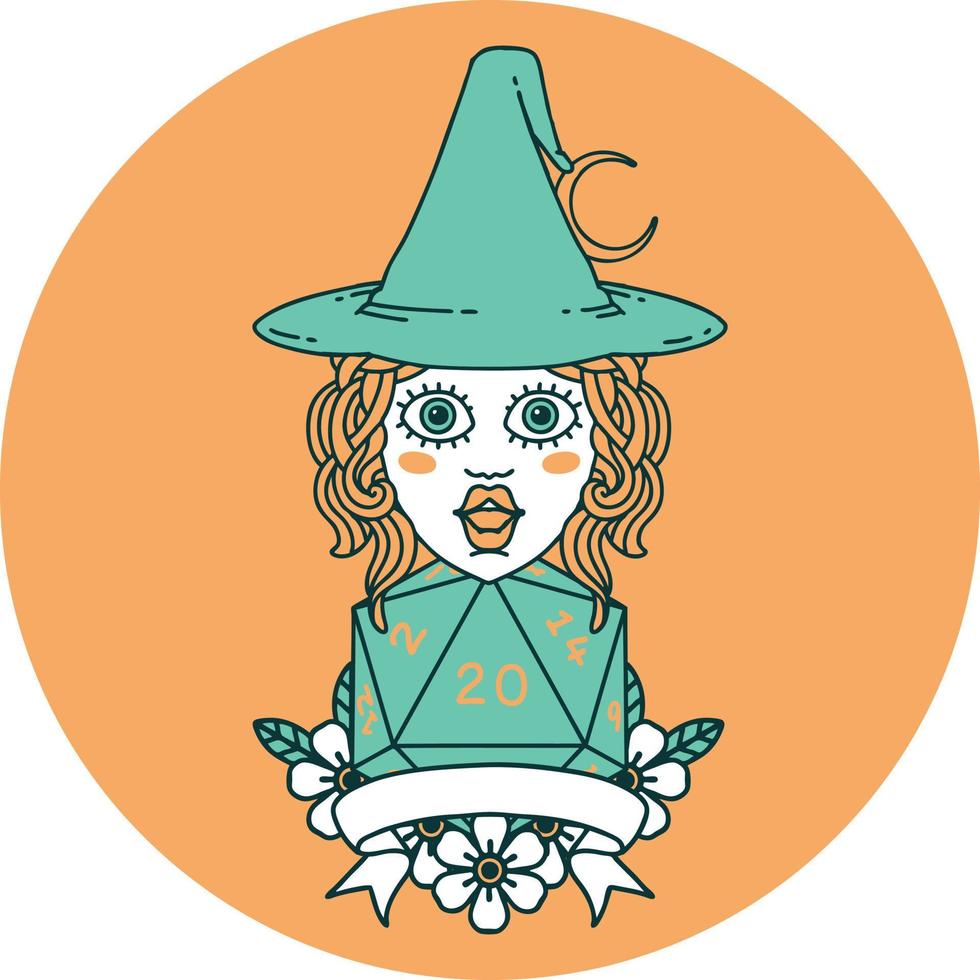 human witch with natural twenty dice roll icon vector
