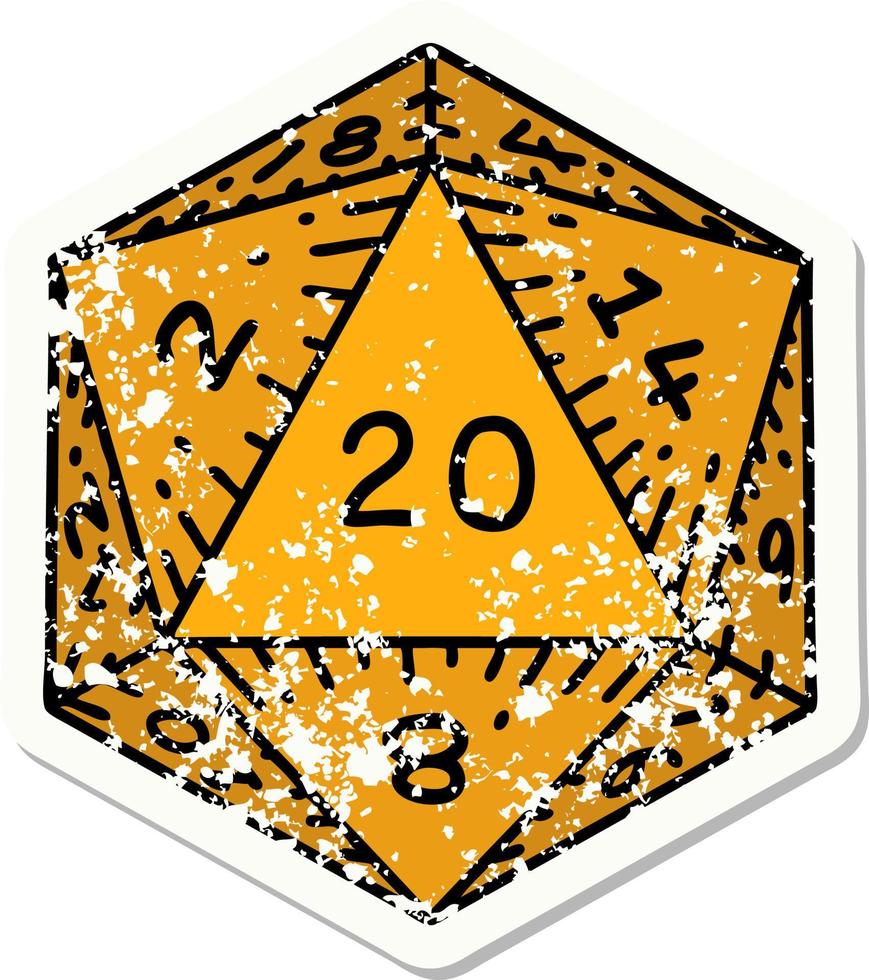 natural 20 D20 dice roll grunge sticker vector