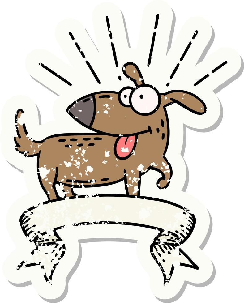 grunge sticker of tattoo style happy dog vector