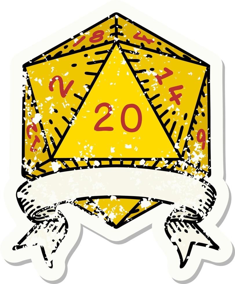 natural 20 critical hit D20 dice roll grunge sticker vector