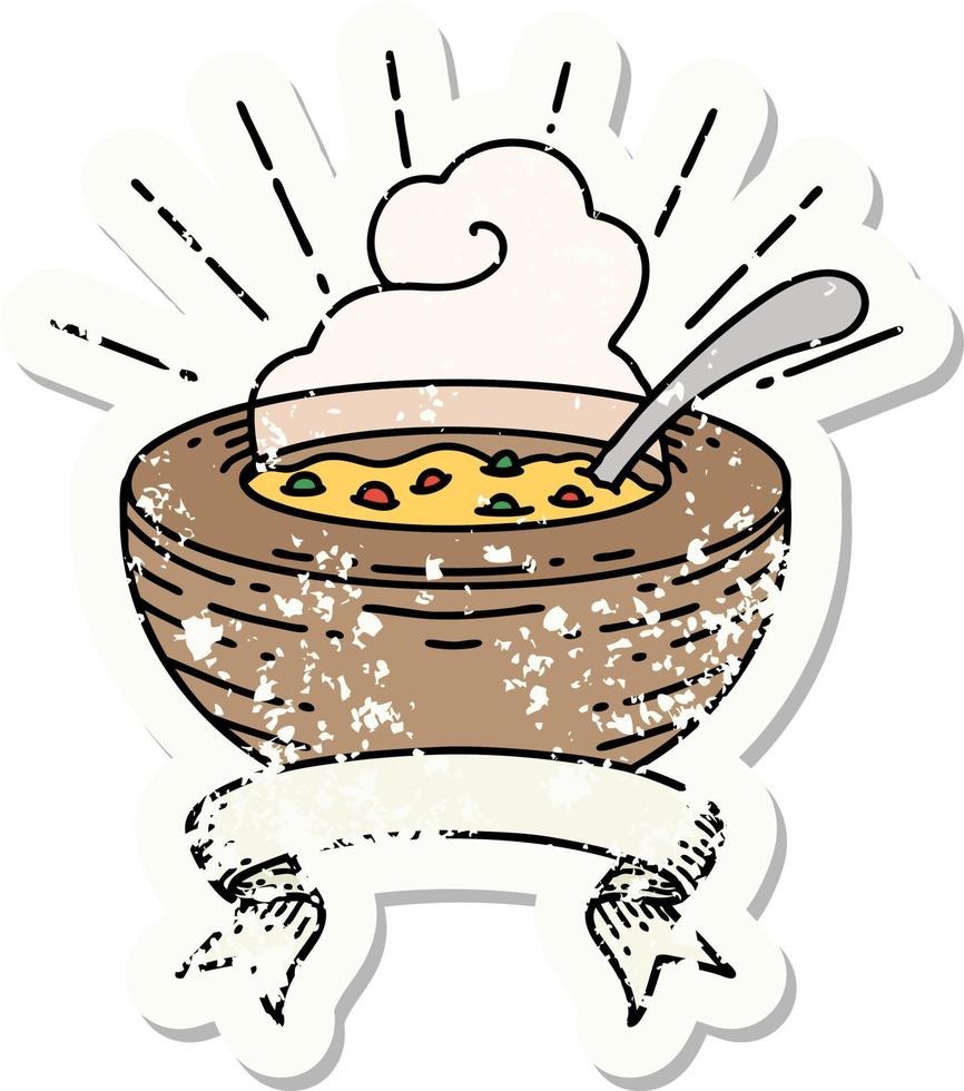 grunge sticker of tattoo style bowl of soup vector