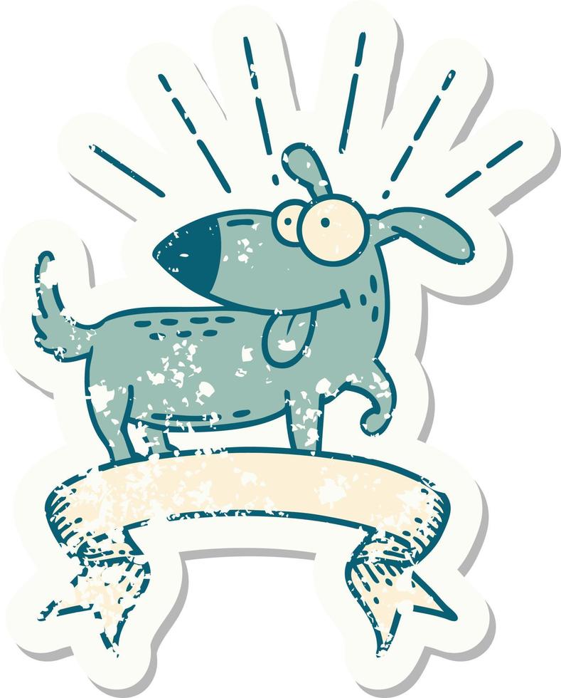 grunge sticker of tattoo style happy dog vector