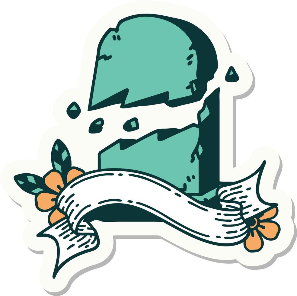 tattoo sticker with banner of a broken grave stone vector