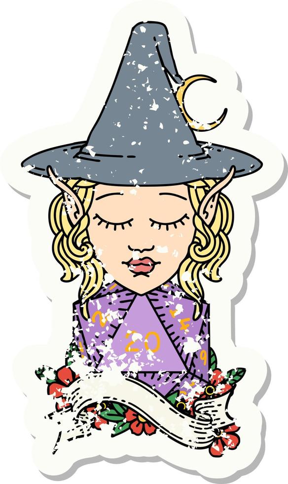 elf mage character with natural twenty dice roll grunge sticker vector